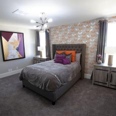 Gray Midcentury Modern Master Bedroom with Orange and Purple Pillows 