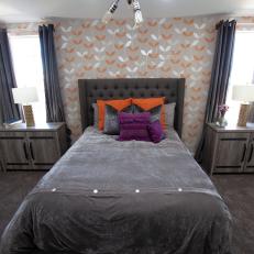 Gray Midcentury Modern Master Bedroom with Gray and Orange Floral Wallpaper 