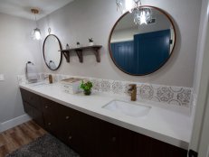 Black and White Bathroom with Black Vanity, White countertop 