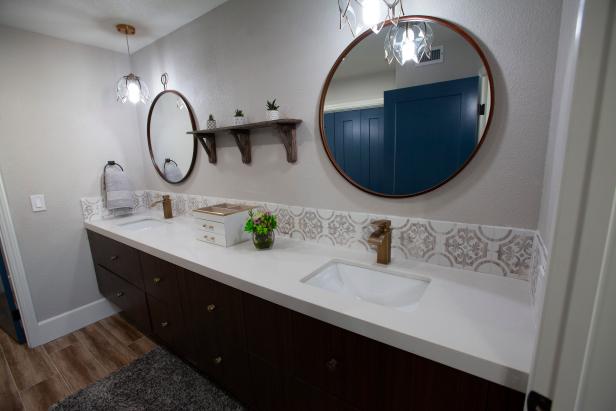 Black and White Bathroom with Black Vanity, White countertop 