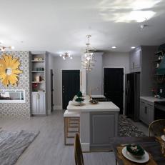 Contemporary Gray Open Plan Kitchen and Living Room with Gray Wood Floors