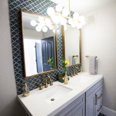 Contemporary White Bathroom with Green Tile Backsplash 