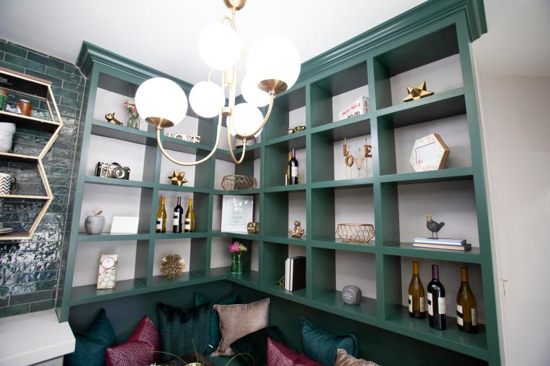  White Kitchen with Green Shelves, Gold Light Fixture 