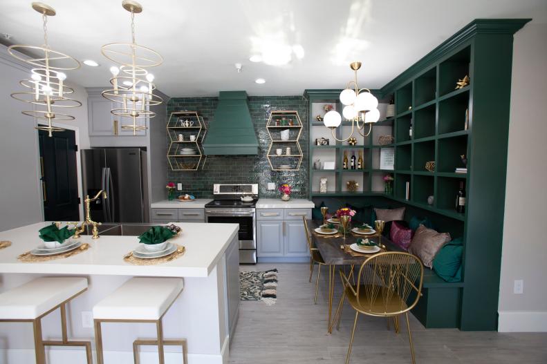 Green Kitchen with Green Built-in Bench, Gold Chairs and Brown Table 