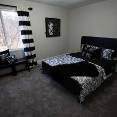 Contemporary Black and White Bedroom with Black and White Stripe Curtains 