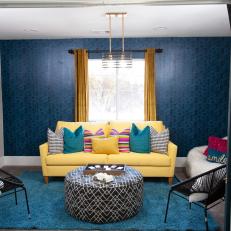 Eclectic Blue Great Room with Yellow Sofa and Curtains 