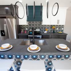 Contemporary Gray Kitchen with Blue, Black & White Backsplash 
