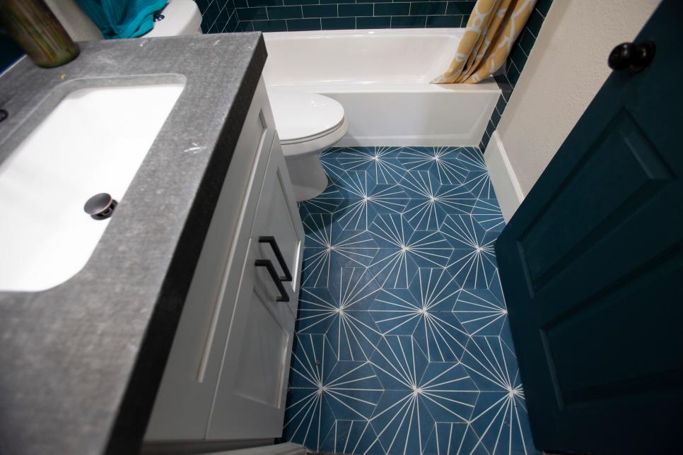 Contemporary White Bathroom With Blue, Blue Bathroom Floor Tile