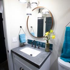 Contemporary White Bathroom with Blue Tile Backsplash 