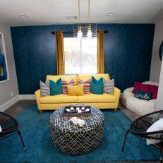 Blue Eclectic Great Room with  Yellow Sofa 