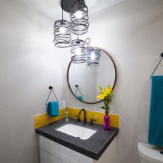 Contemporary White Bathroom with Yellow Subway Tile Backsplash 