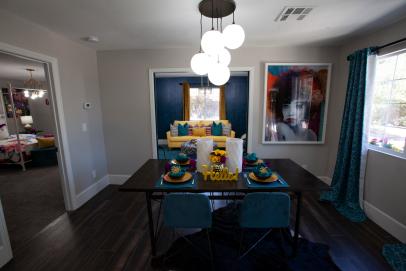 Contemporary Brown Dining Room With Blue Chairs Hgtv