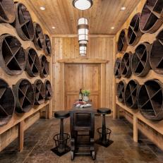 Wine Cellar With Wood Walls and Ceiling Plus Tasting Area