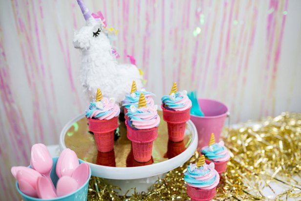 Unicorn Piñata with Unicorn Ice Cream Cone Cupcakes with Colorful Streamers
