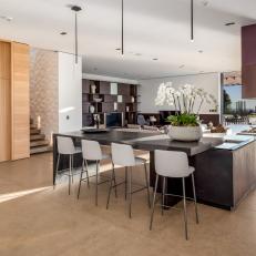 Light and Dark Woods Create Visual Contrast in Neutral Contemporary Eat-In Kitchen