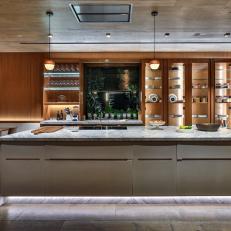 Neutral Contemporary Kitchen Features Warm Wood and Cool Marble Textures