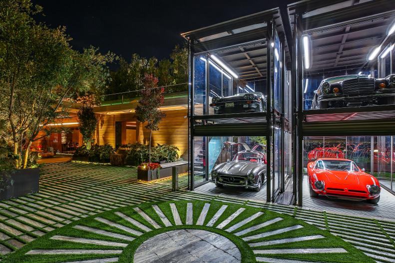 Classic Cars in Glass Two-Story Contemporary Garage