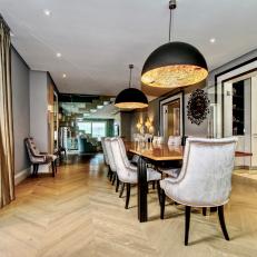 Formal Dining Room With Herringbone Parquet Flooring