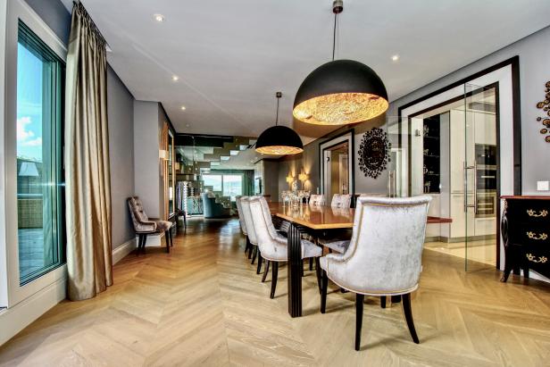 Formal Dining Room With Herringbone Parquet Flooring | HGTV
