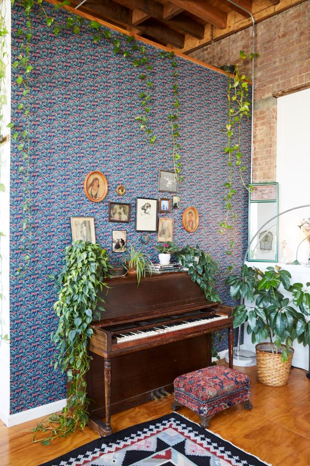 Blue Patterned Wallpaper Covers a Large Accent Wall in the ...