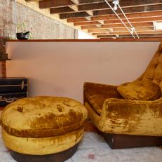 A Gold Velvet Sitting Chair and Matching Ottoman 