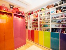 Rainbow-Themed Cabinets Fill an All-White Walk-In Closet