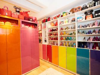 Rainbow-Themed Cabinets Fill an All-White Walk-In Closet