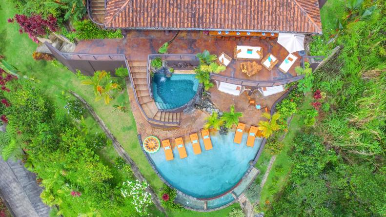 Aerial Shot of Tropical Mansion Backyard, Close Up on Pools 