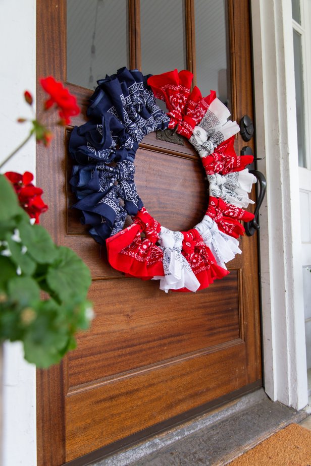 Red, White and Blue Bandana Wreath On a Wooden Door