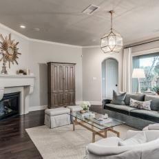 Timeless, Transitional Living Room With Crushed Velvet Sofa