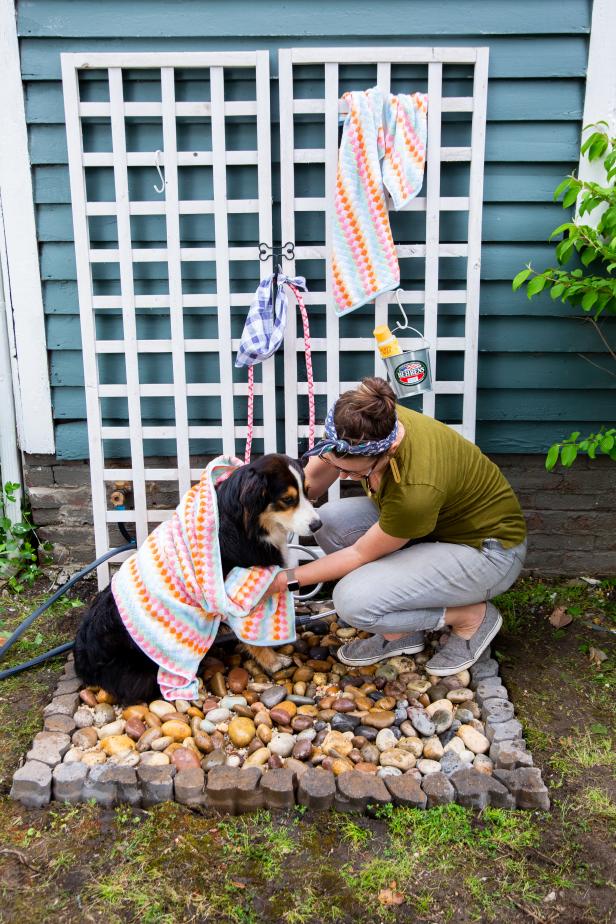 Owner Dries Their Dog Off Beside Trellis of Dog Washing Station