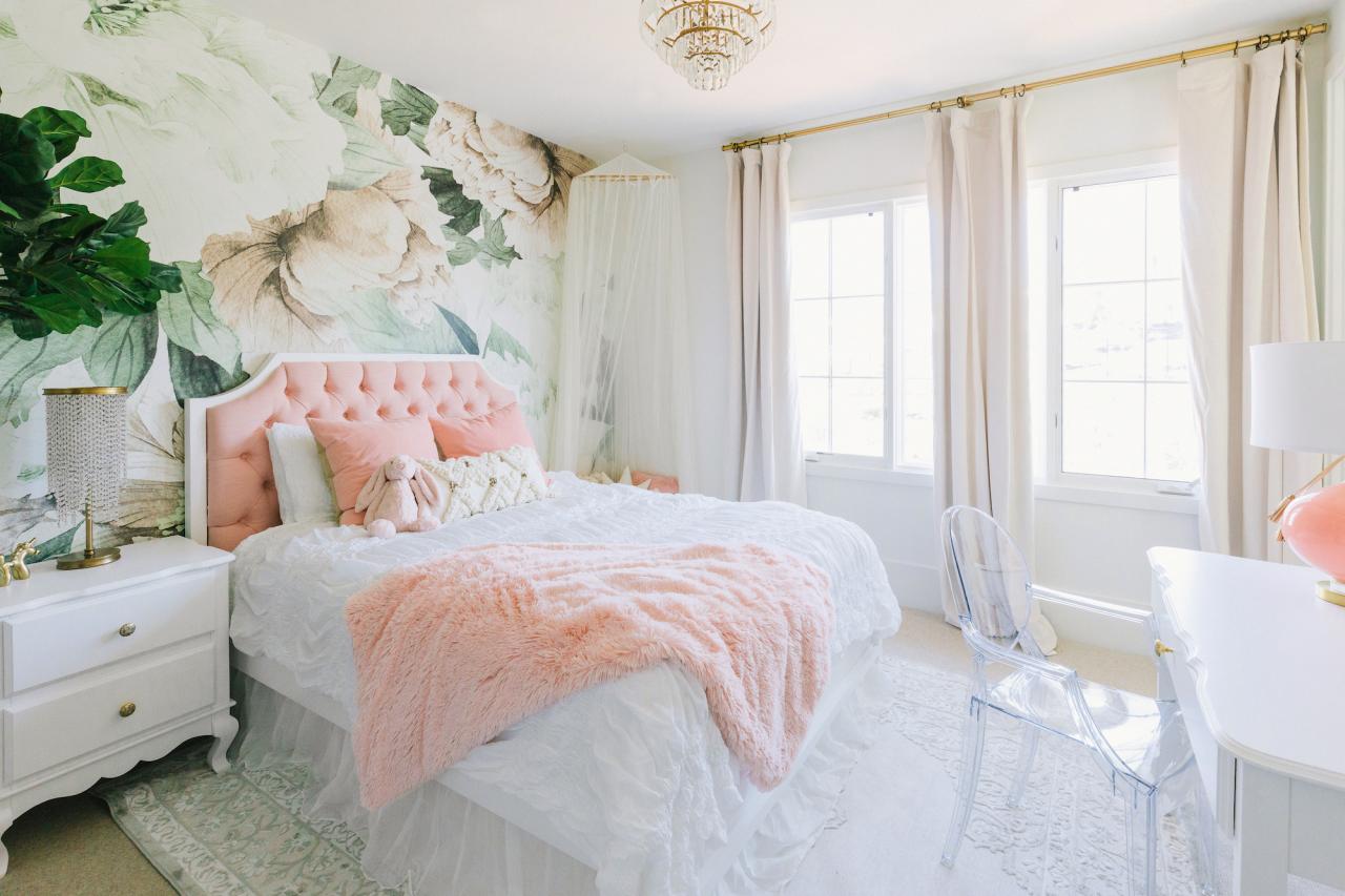 Lovely Girl's Bedroom Features Floral Wallpaper | Little Crown Interiors |  HGTV