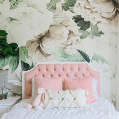 Floral Girl's Bedroom With Pink Tufted Headboard
