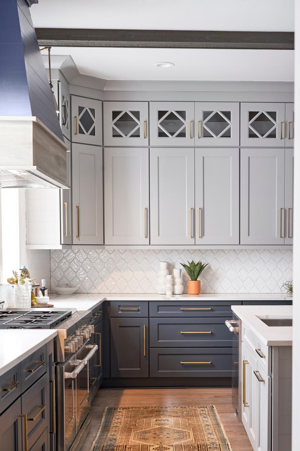 Transitional White and Gray Chef Kitchen With Rug | HGTV