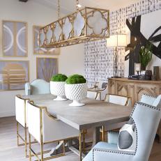 Gray Transitional Dining Room With Geometric Art