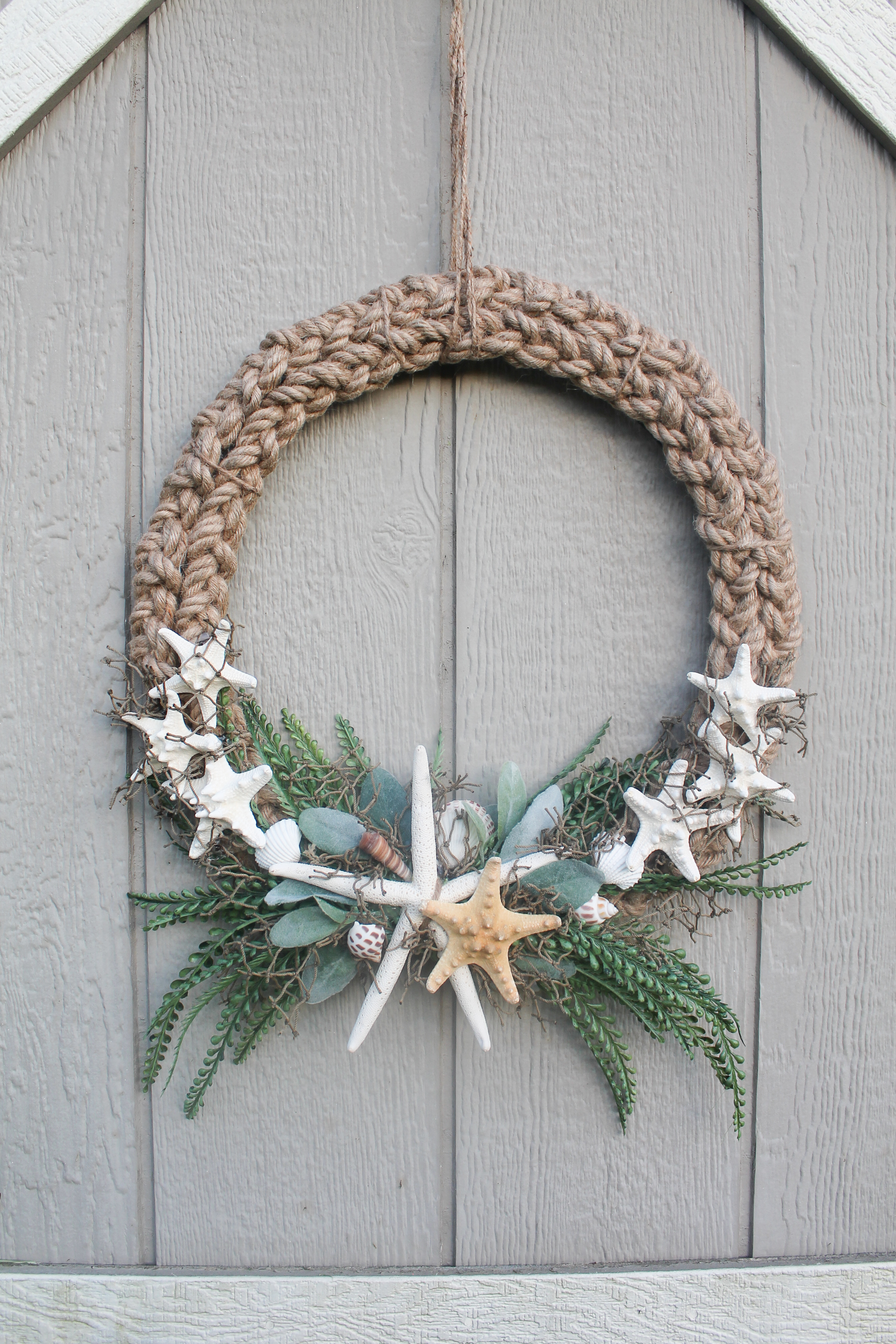 At the Beach nautical wreath for front door outside or inside decorations coastal beach decorations with starfish & sea shells 