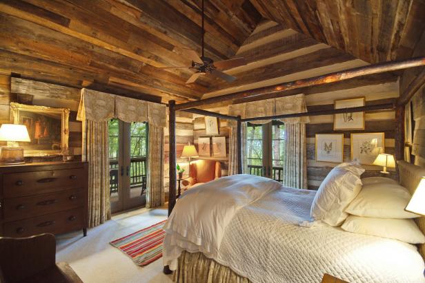 Log Cabin Bedroom With Vaulted Ceiling And Glass French Doors Hgtv