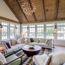 Transitional Living Room With Plaid Rug