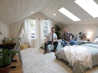 Luke Caldwell (left), and Clint Robertson (right), in the Farmhouse s upstairs kid s room the day of open house, as seen on HGTV s Boise Boys.