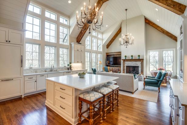 White Country Open Plan Kitchen With High Ceiling | HGTV