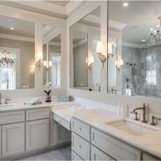 White Master Bathroom With Chandelier