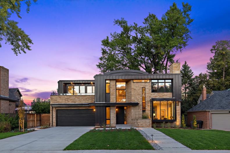 Front Exterior View of Contemporary Home at Dusk
