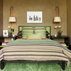 Green Headboard and Matching Bedding Add Color to Neutral Contemporary Bedroom