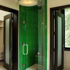 Green-Tiled Walk-In Shower in Neutral Contemporary Bathroom