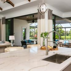 Marble Kitchen Island With A View To The Dining Space