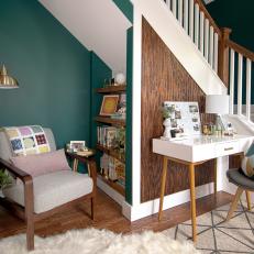 Home Office and Reading Area Tucked Into Nooks in Deep Green Foyer