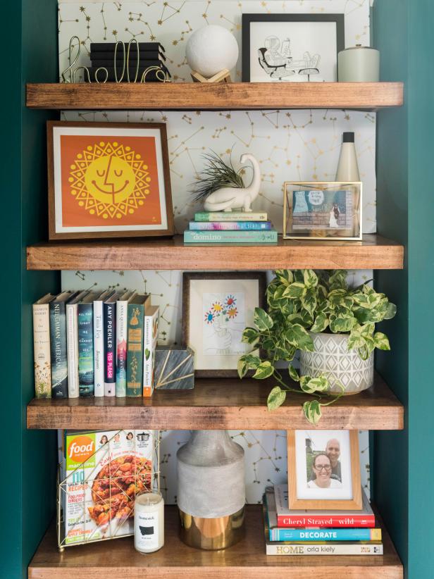 Built-In Bookcase Lined With Removable Constellation-Print Wallpaper