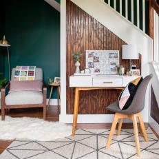 Writing Desk, Armchair Tuck Neatly Into Stairwell Nooks in Foyer