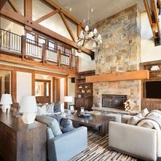 Rustic Great Room With Blue Sectional