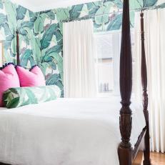 Master Bedroom With Floral Wallpaper And Four Poster Bed